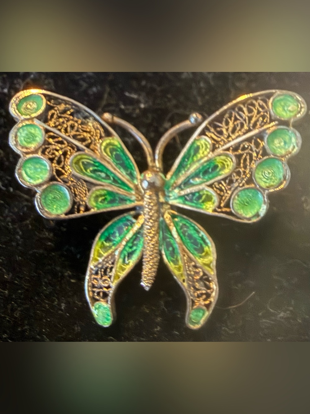 Vintage 800 Silver Green Plique-A-Jour Butterfly Brooch Pin